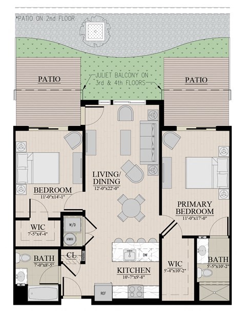 Floor plan for 2 beds, 2 baths, 1040 sqft